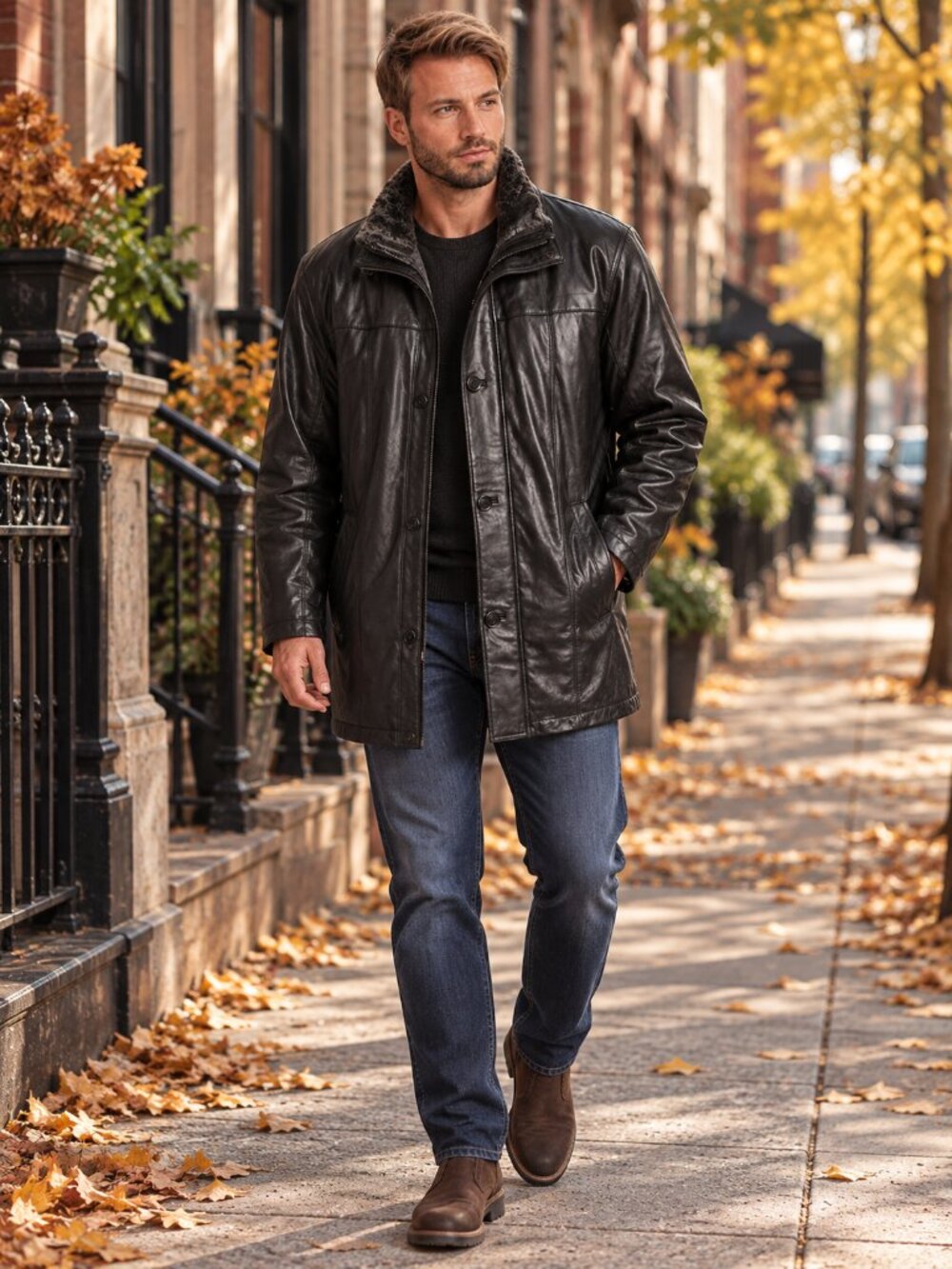 Excelled Men’s 3XL Black Leather Jacket Rem Bib w/ Faux Fur Collar